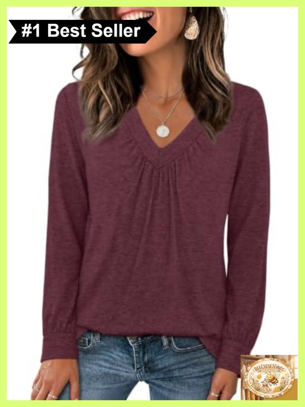 OFEEFAN Women's Long Sleeve Ruched V-Neck Boho Blouse Loose Fit Fall Top